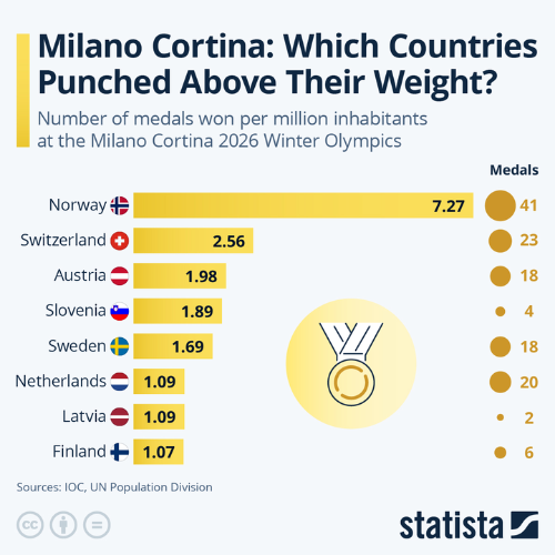 какие страны завоевали наибольшее количество медалей на 1 миллион населения на зимних Олимпийских играх 2026 года.